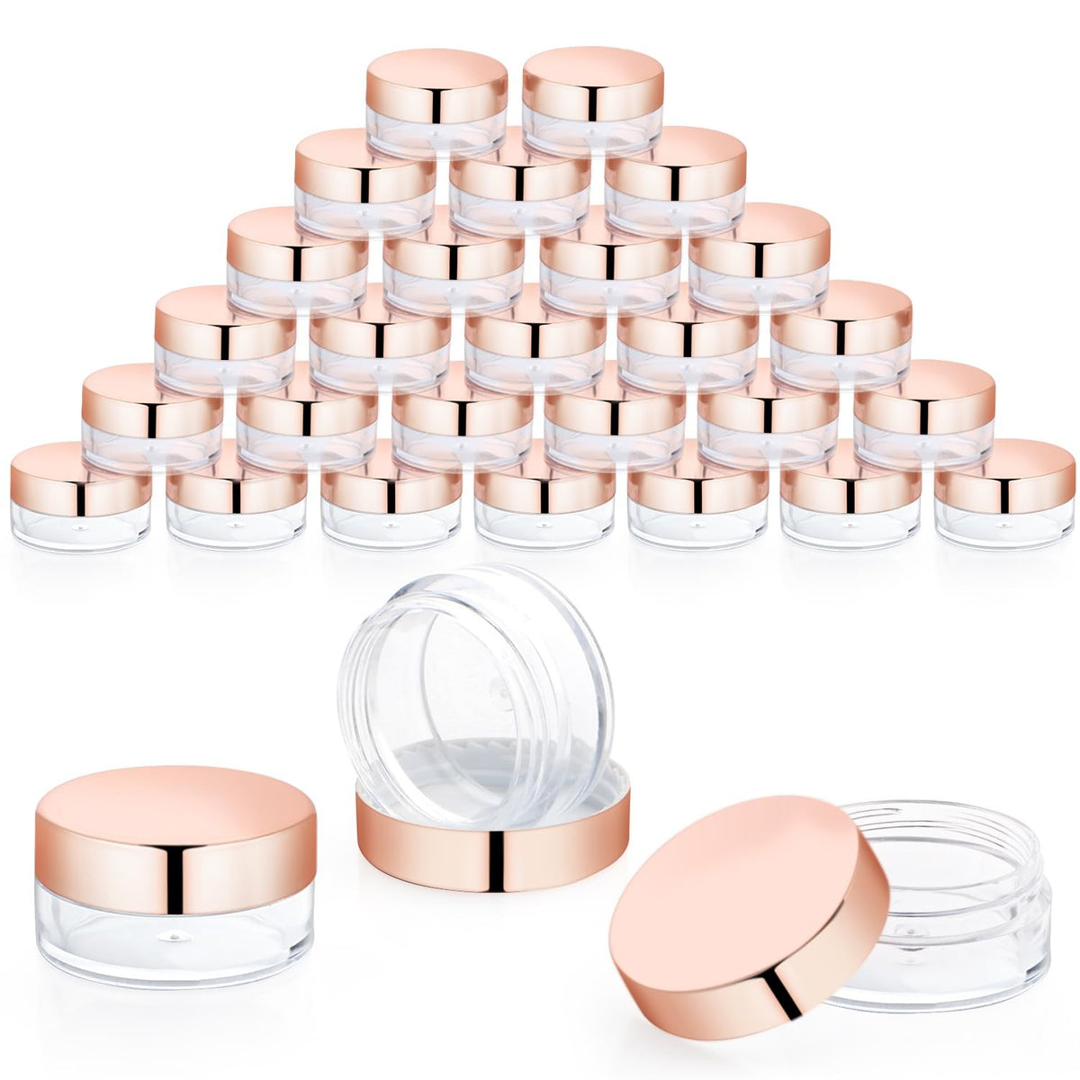 Transparent Plastic Cosmetic Jars with Rose Gold Cap - 30 Pack, 5ml Refillable Containers for Lip Balm, Cream, Makeup