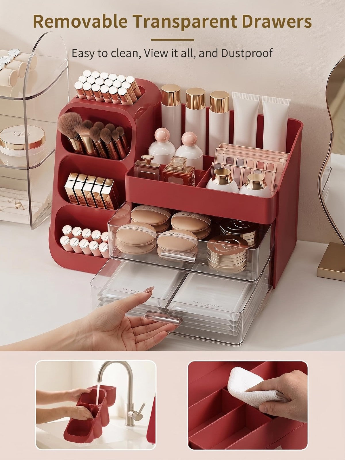 Red Makeup Organizer with Drawers, Large Capacity Vanity Storage Case