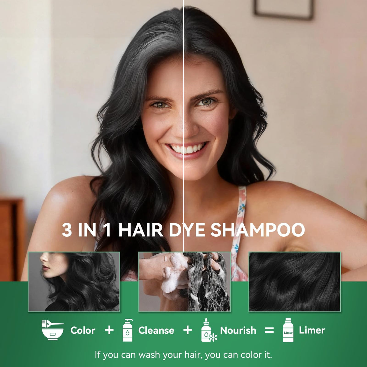 Limer 3-in-1 Black Hair Dye Shampoo for Grey Hair, 460ml