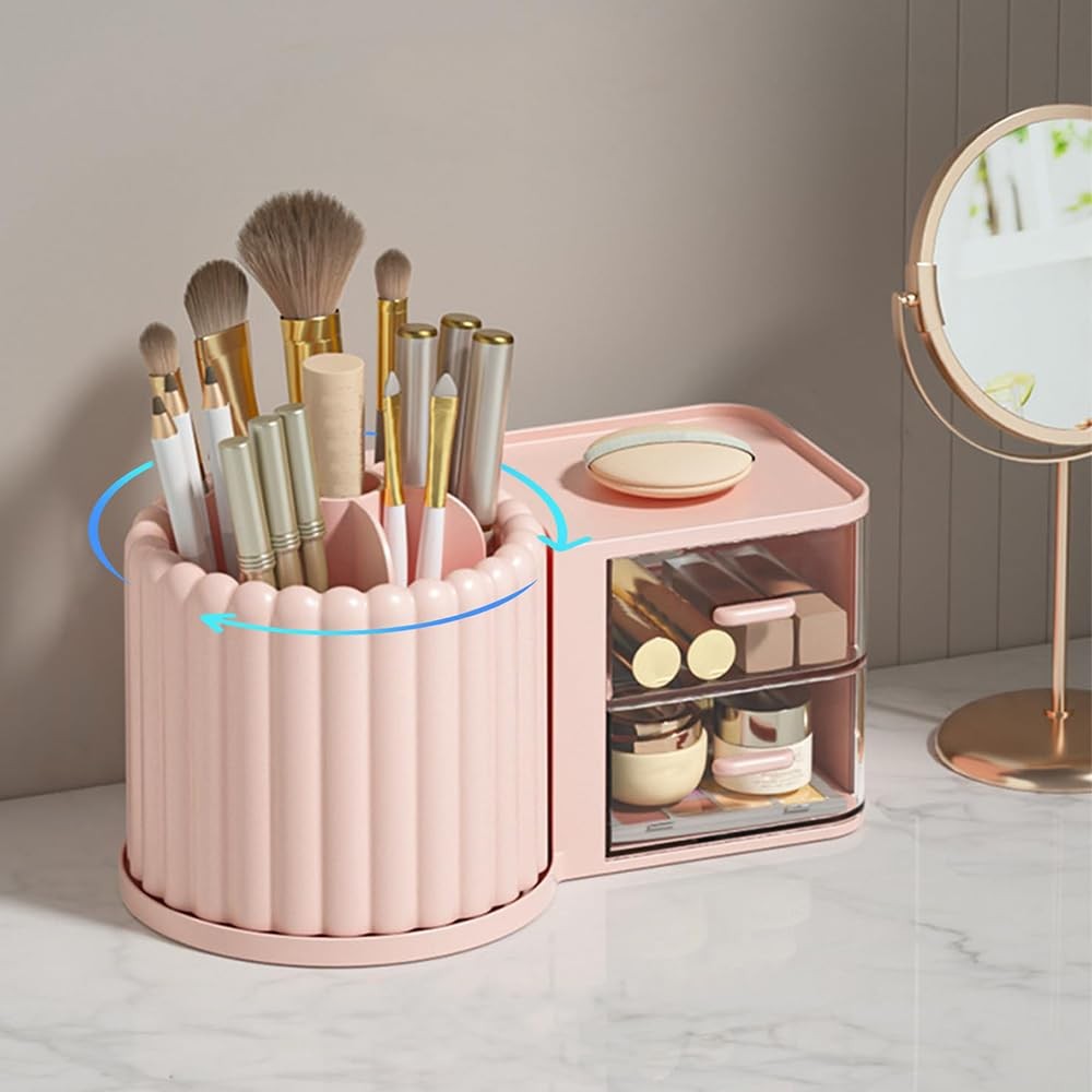 Rotating Makeup Brush Organizer with 2 Drawers - 9.25x5.11 Inch