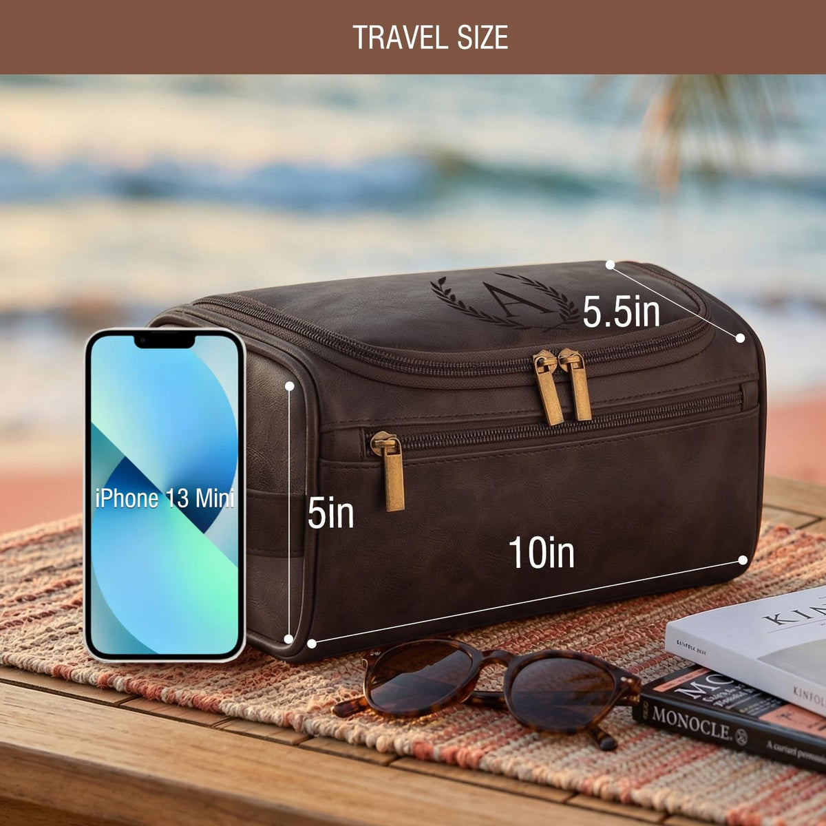 Personalized Waterproof Travel Toiletry Bag for Men - Leather Dopp Kit with Initials