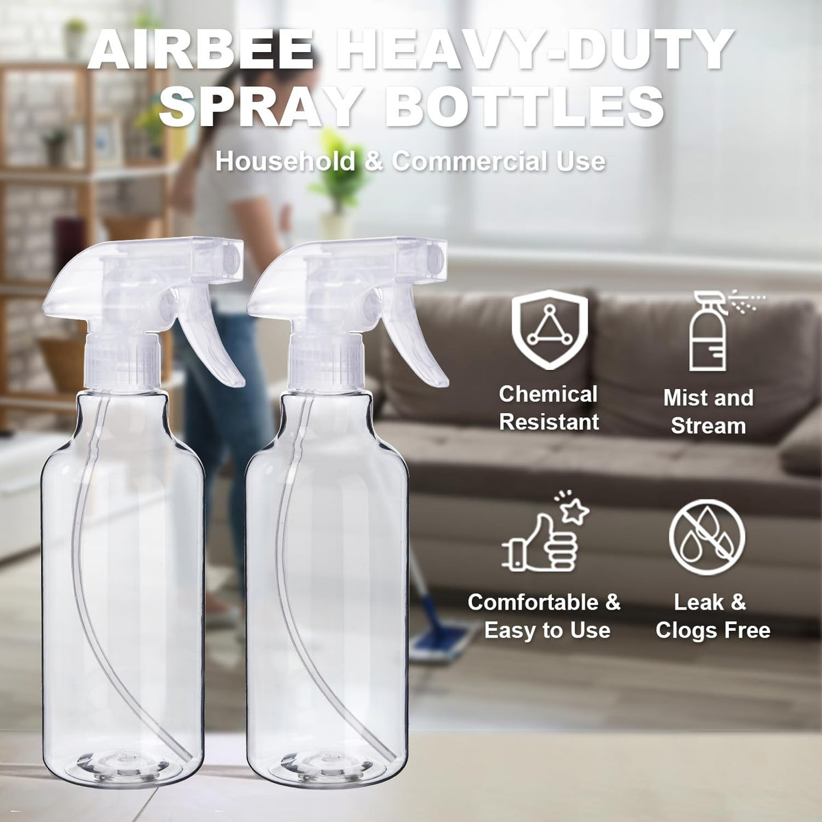 Heavy Duty Plastic Spray Bottles 2-Pack, 16.9 Oz with Mist & Stream Modes