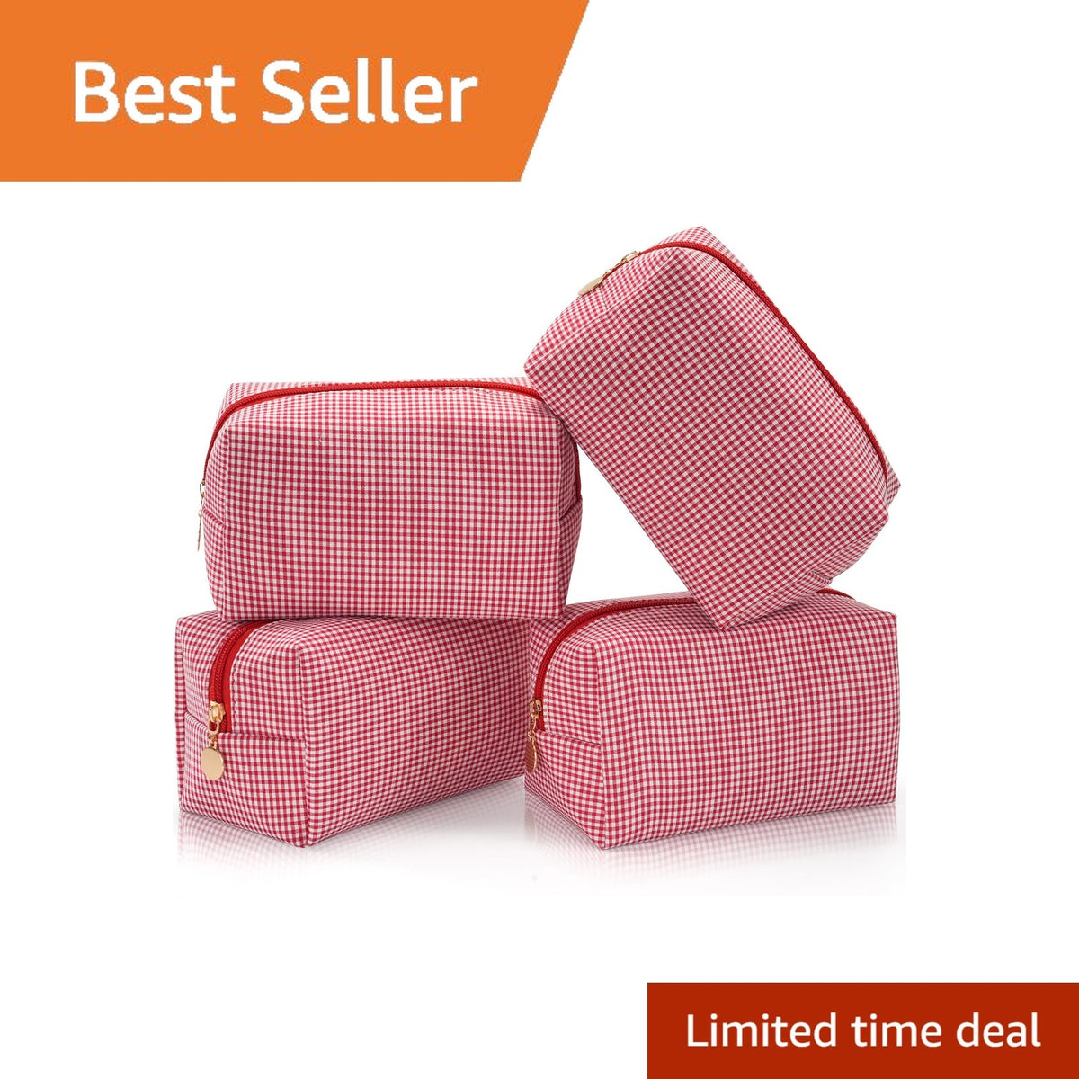 Red Gingham Makeup Bag Set - 4 Piece Cosmetic Organizer, Travel & Gift