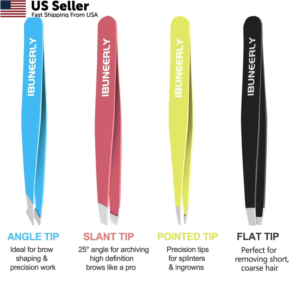Stainless Steel Eyebrow Tweezers Set with Multi-Color Handles - 4 Pieces