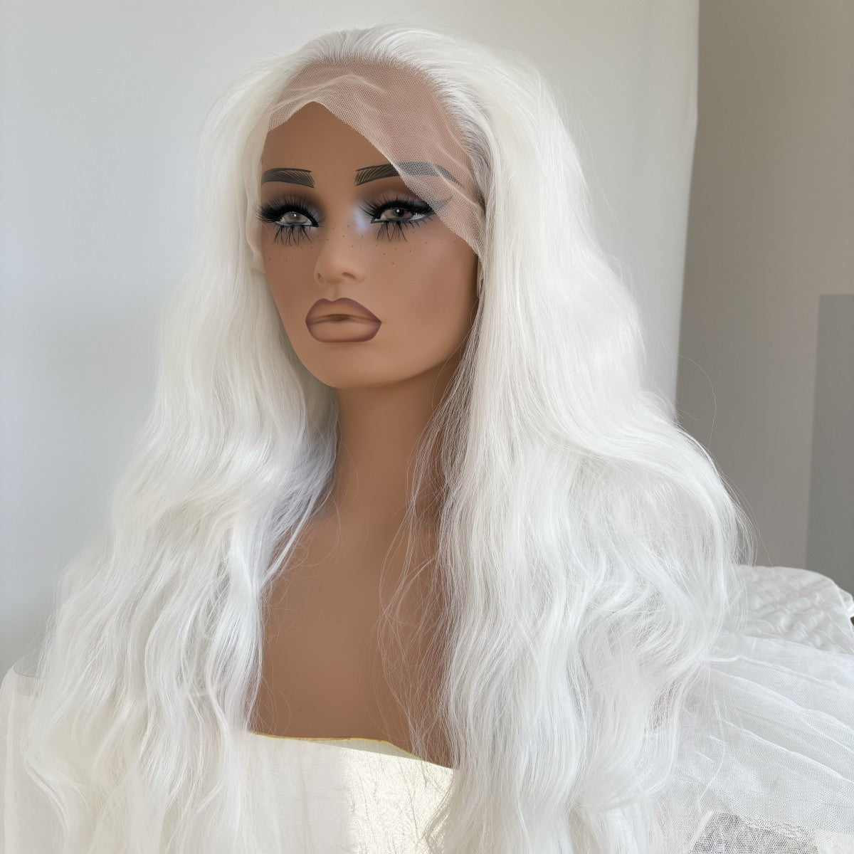 Long Wavy Lace Front Wig - Heat Resistant Synthetic Hair, Layered White Style