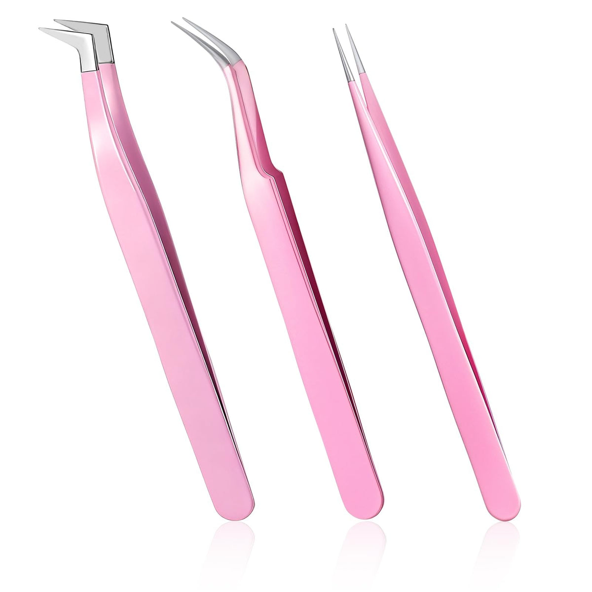 3 Pack Eyelash Extension Tweezers - Precision Straight and Curved in Pink