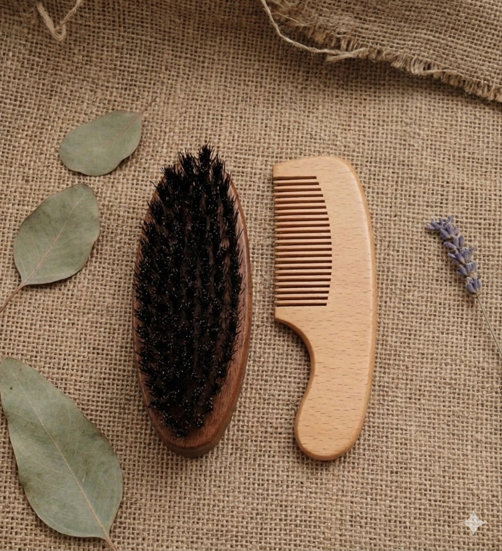 Travel Beard Brush & Comb Set - Mini Wooden Boar Bristle Grooming Kit