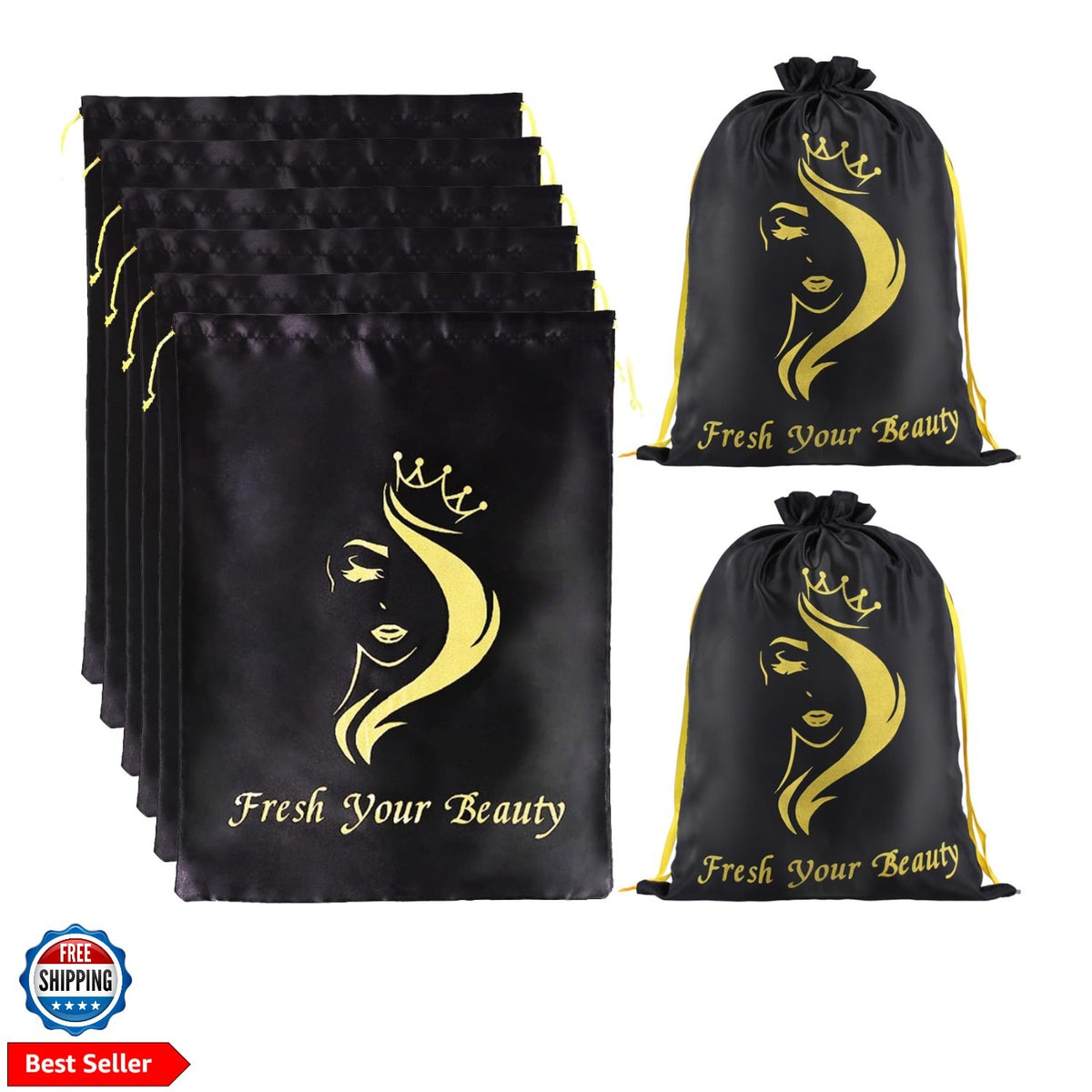 Silk Satin Hair Extension & Wig Storage Bags with Drawstring - 6 Pack