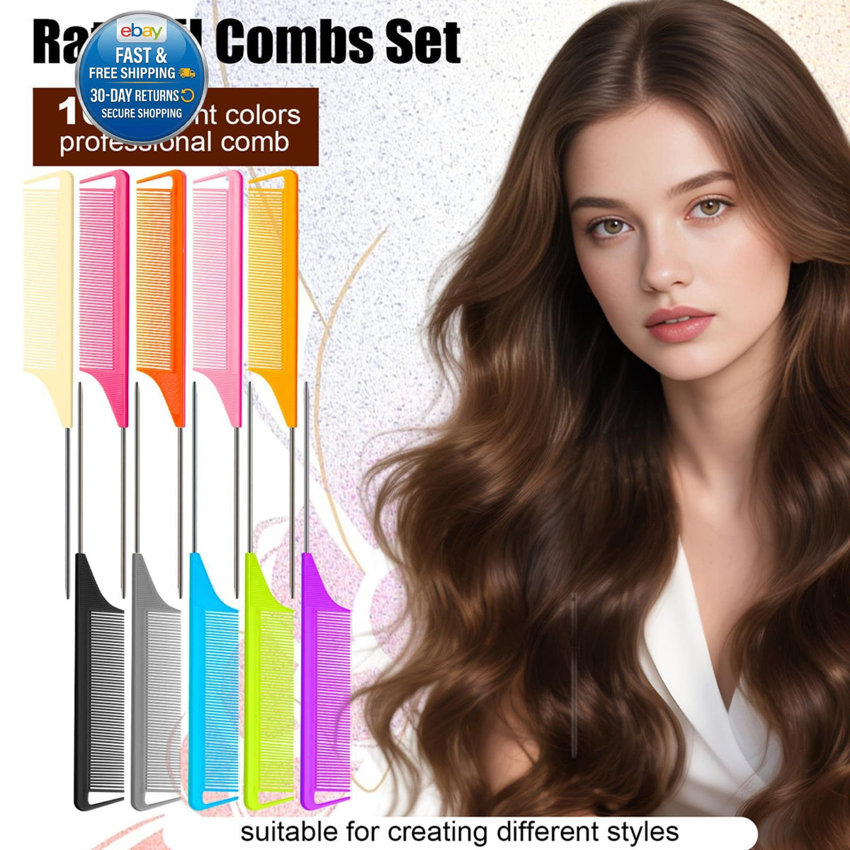 Hair Styling Comb Set with Fine Teeth and Metal Rat Tail - Multiple Colors