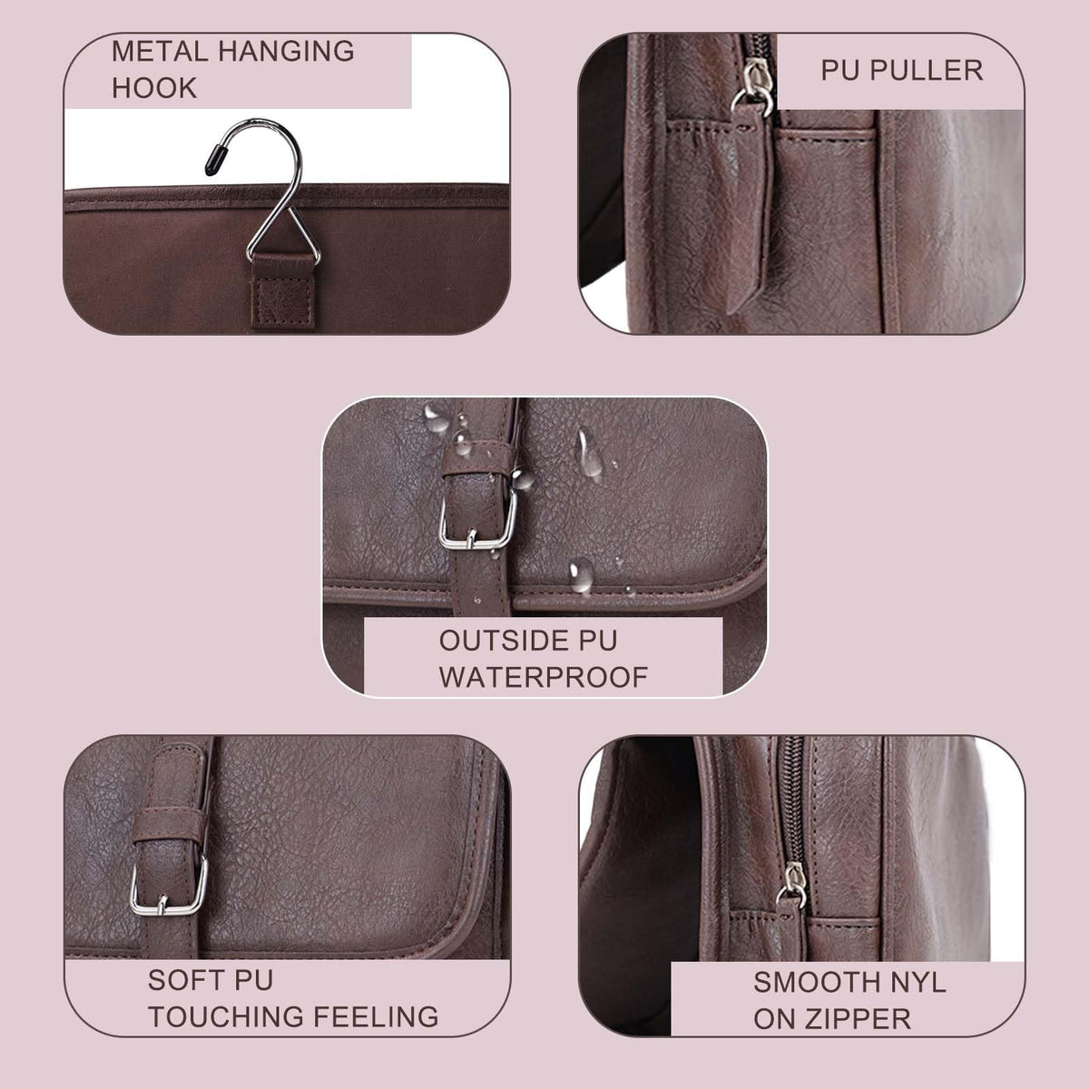 Men's Leather Hanging Toiletry Bag Folding Travel Organizer with 4 Compartments