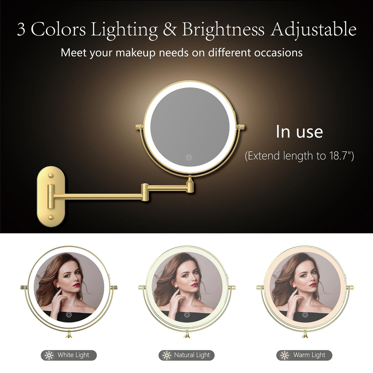 Rechargeable Wall Mounted Lighted Makeup Mirror 8 Inch 1X/10X Magnification with Dimmable LEDs
