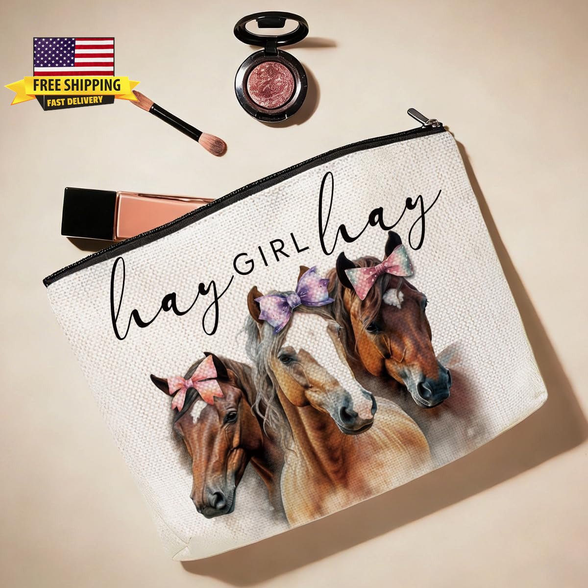 Horse Lover Makeup Bag Western Country Girl Gift Waterproof Canvas