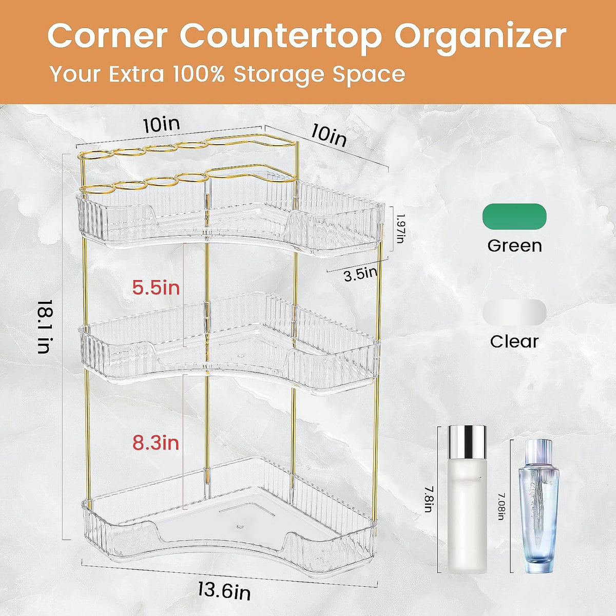 3 Tier Bathroom Makeup Organizer with Brush Holder, Corner Storage