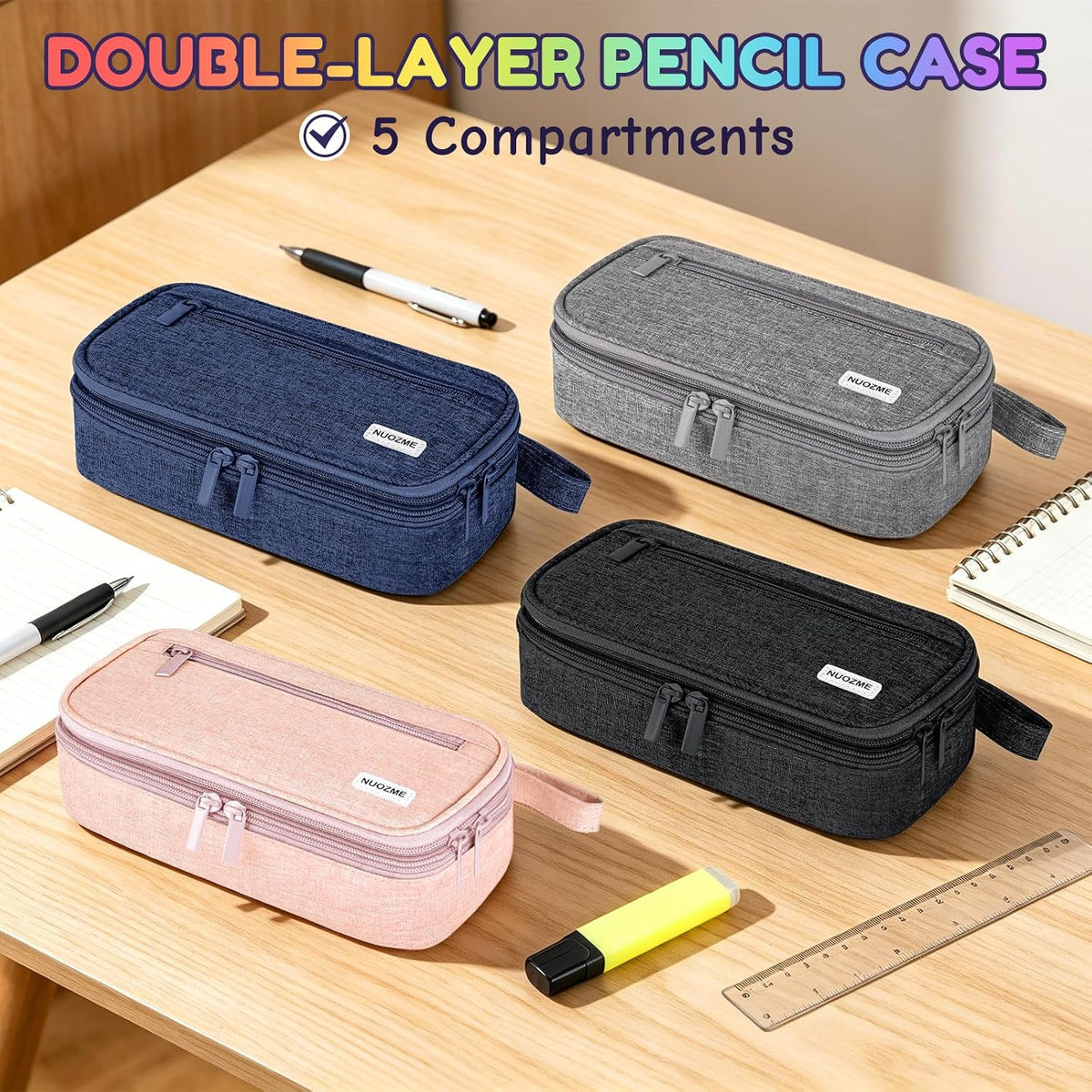 Large Capacity Double Layer Pencil Case with 5 Compartments and Zipper - Canvas Stationery Organizer