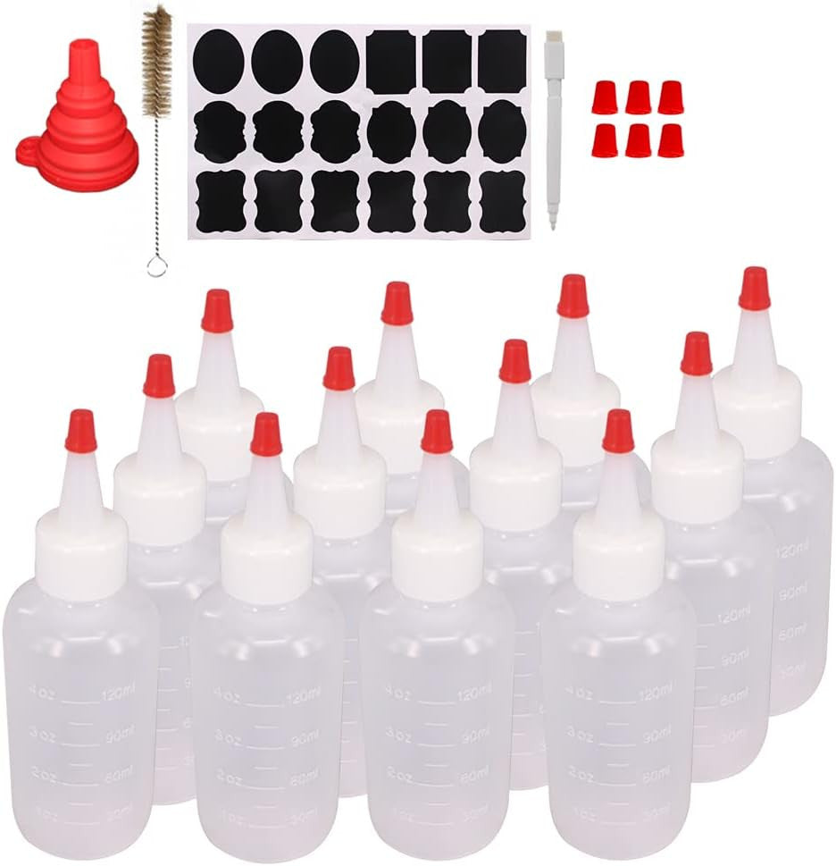 12 Pack 4oz Plastic Squeeze Bottles with Red Caps for Kitchen & Crafts