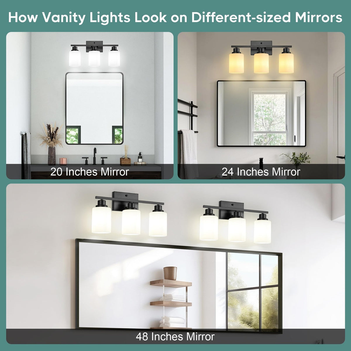 3-Light Vanity Light Fixture - Black Wall Sconce with Milky White Glass Shades