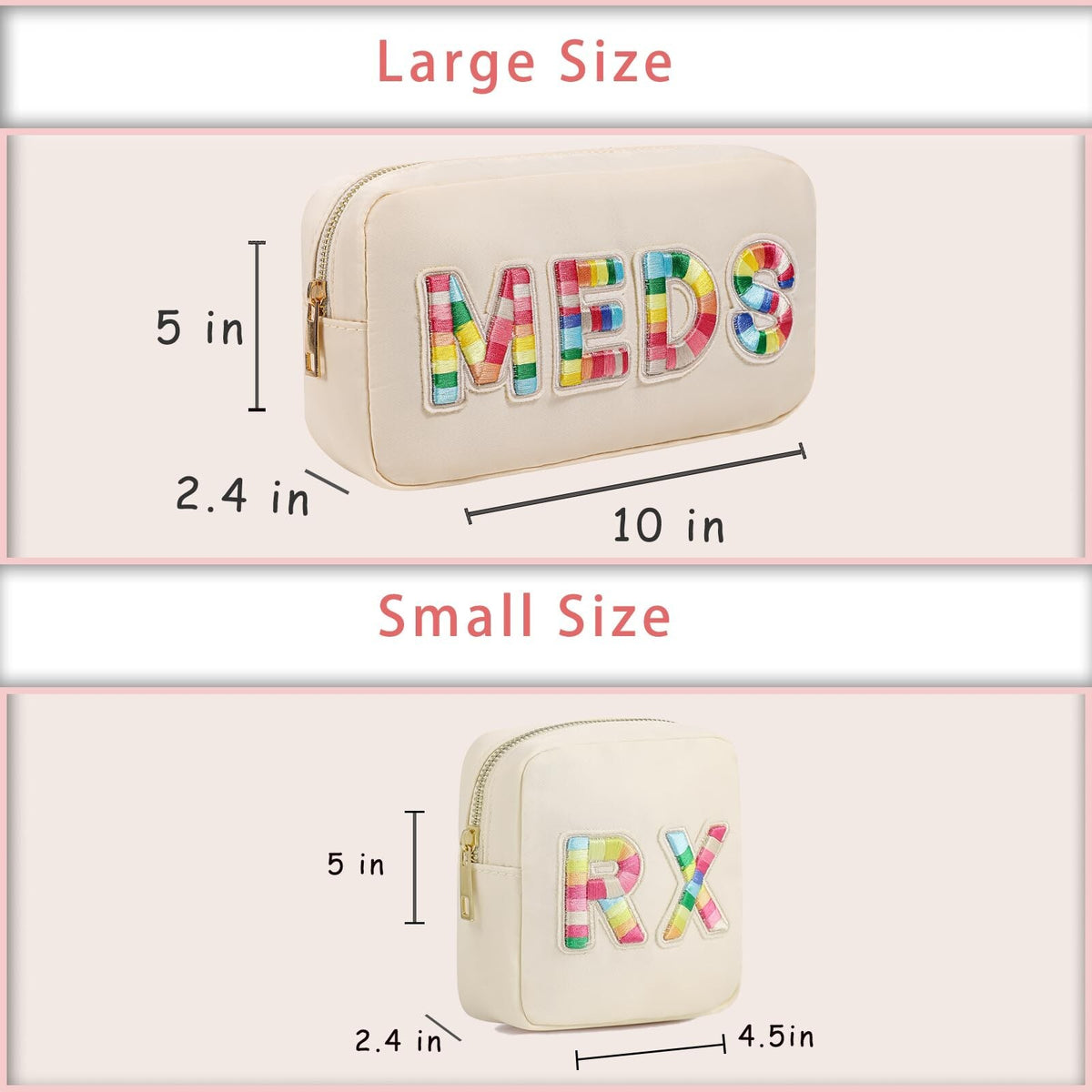 Travel Makeup Bag with Chenille Letter Patches Waterproof Nylon Compact Organizer