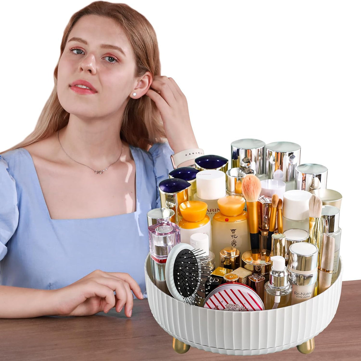 Rotating Makeup Organizer Tray with Perfume Holder - 360° Turntable, White