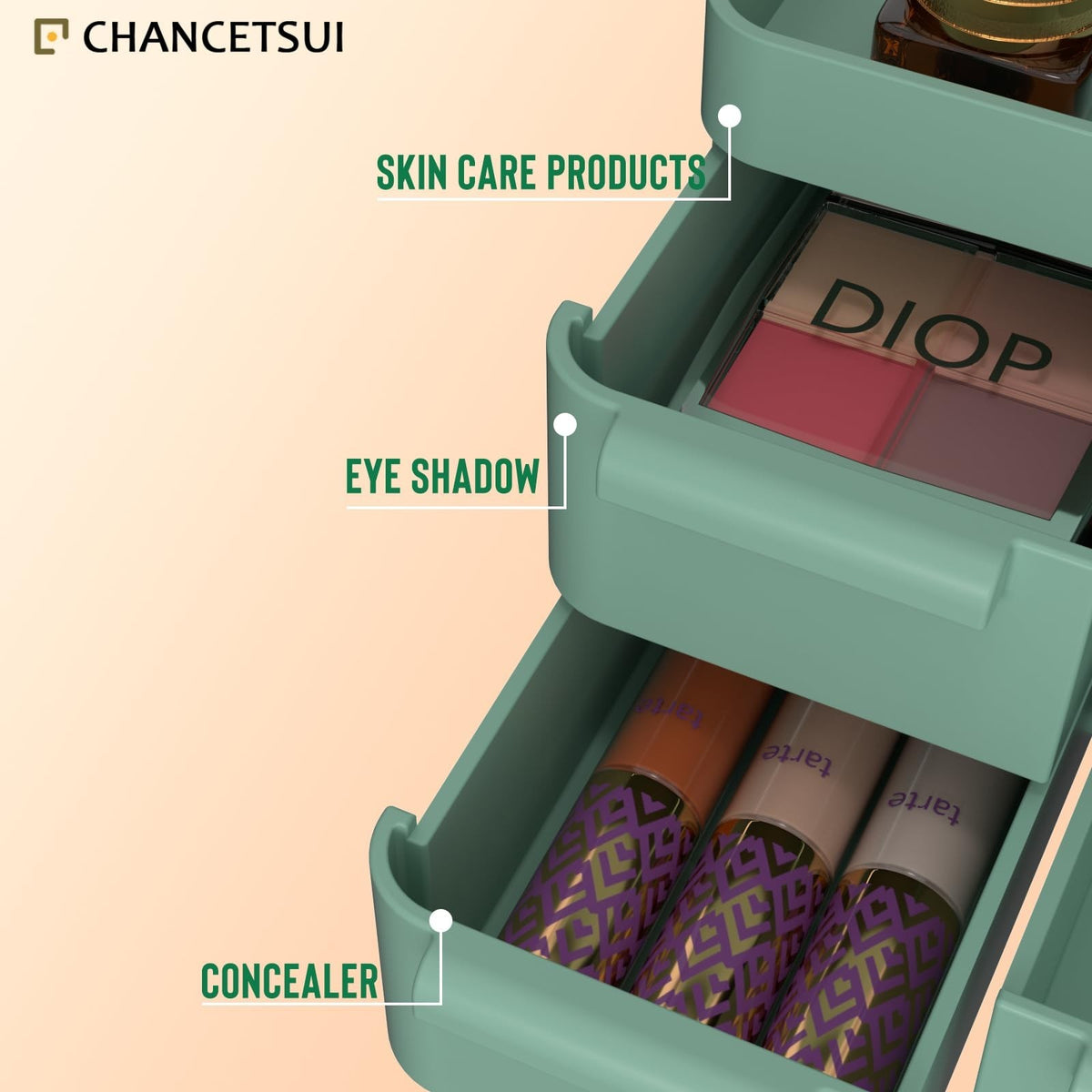 Green Makeup Organizer Countertop with Drawers - Vanity Storage Box