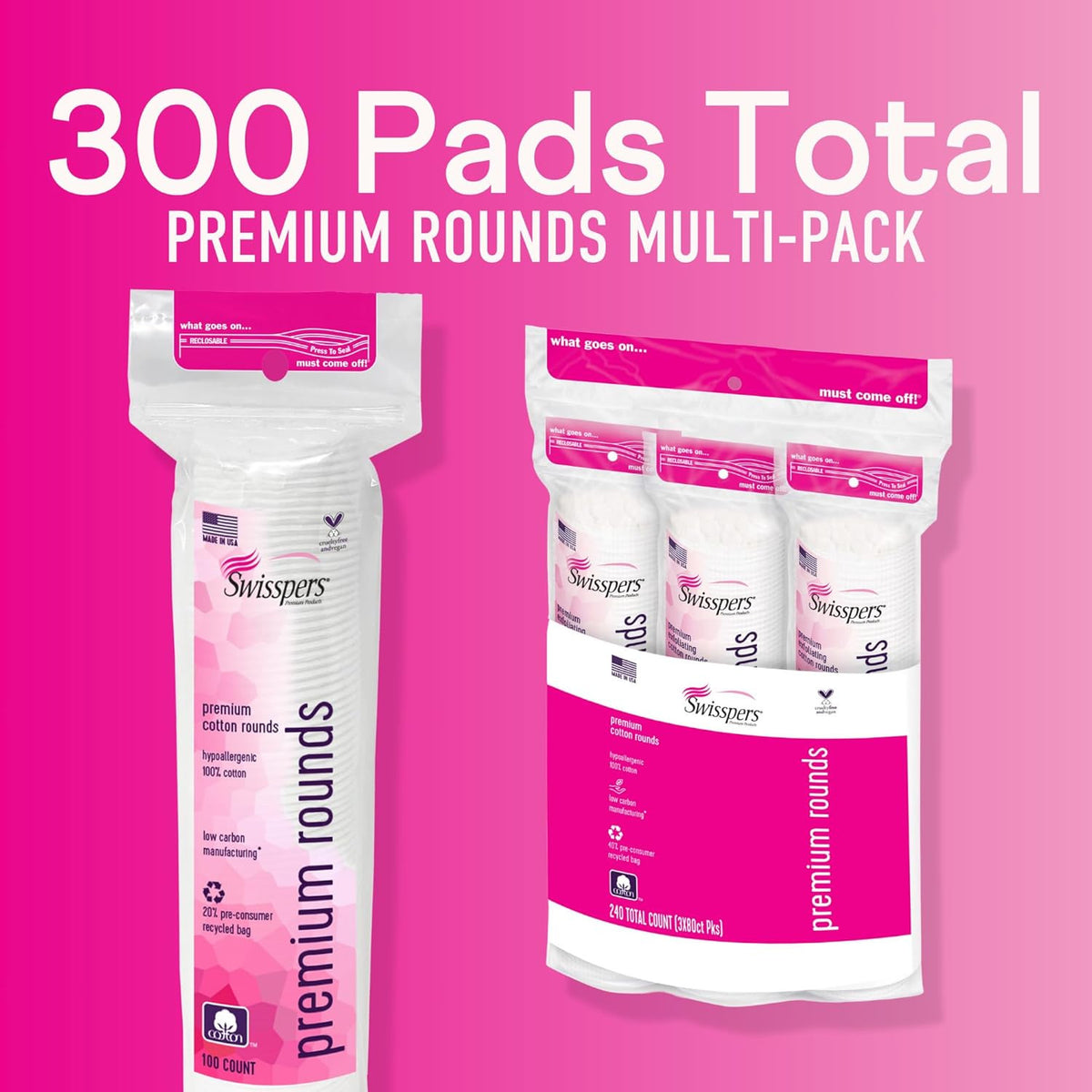 Cotton Rounds for Makeup Removal & Skincare - 100% Chlorine Free, Hypoallergenic, Pack of 300