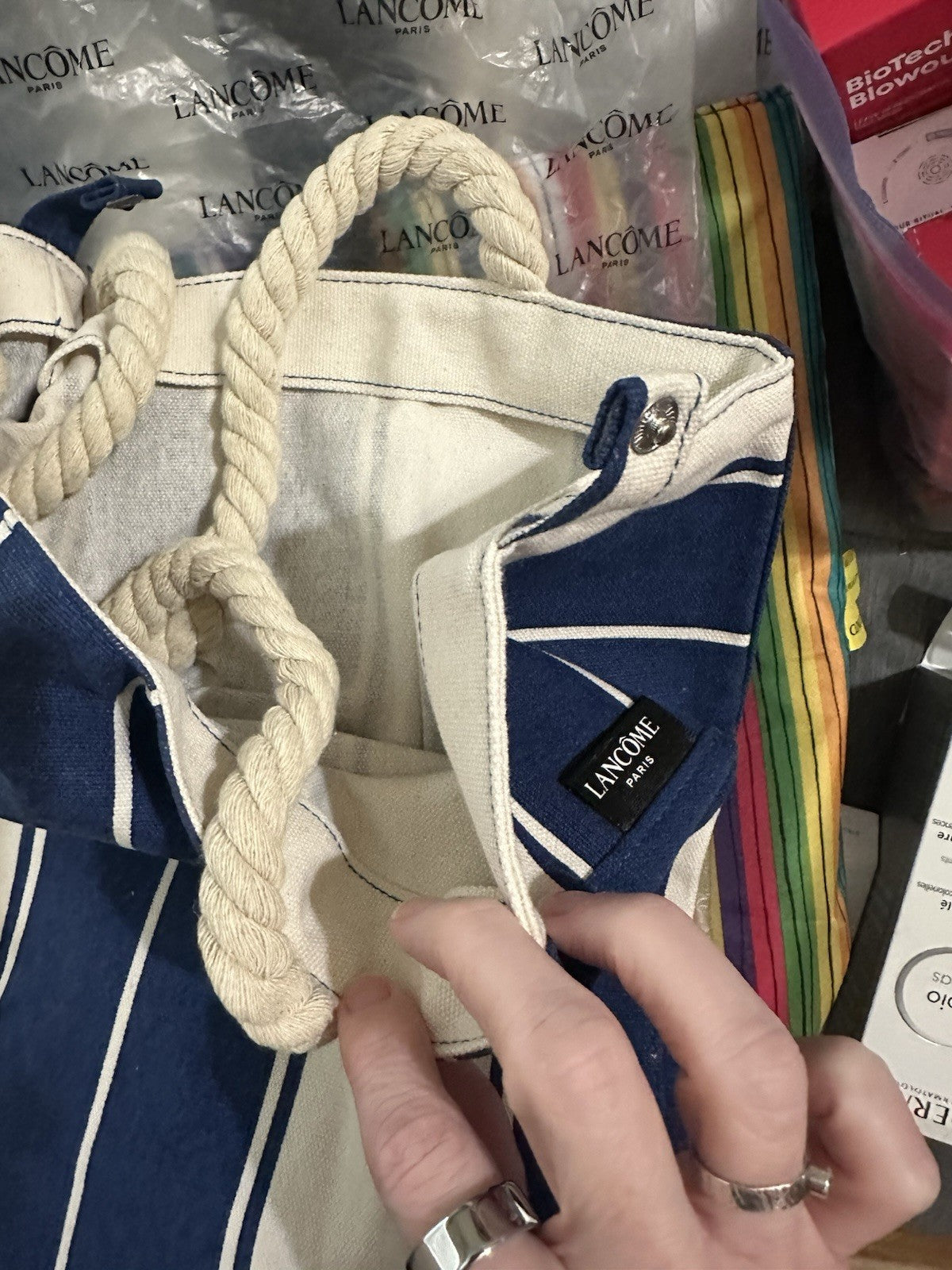 Large Nautical Canvas Tote Bag - Navy Blue & White Striped Shopping Purse