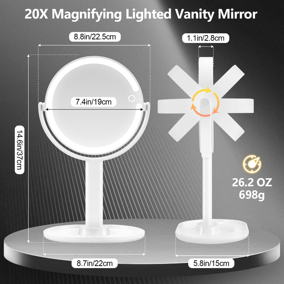 20X Magnifying Makeup Mirror with Lights and Touch Control - Vanity Mirror with 3 Color Modes and LED Illumination
