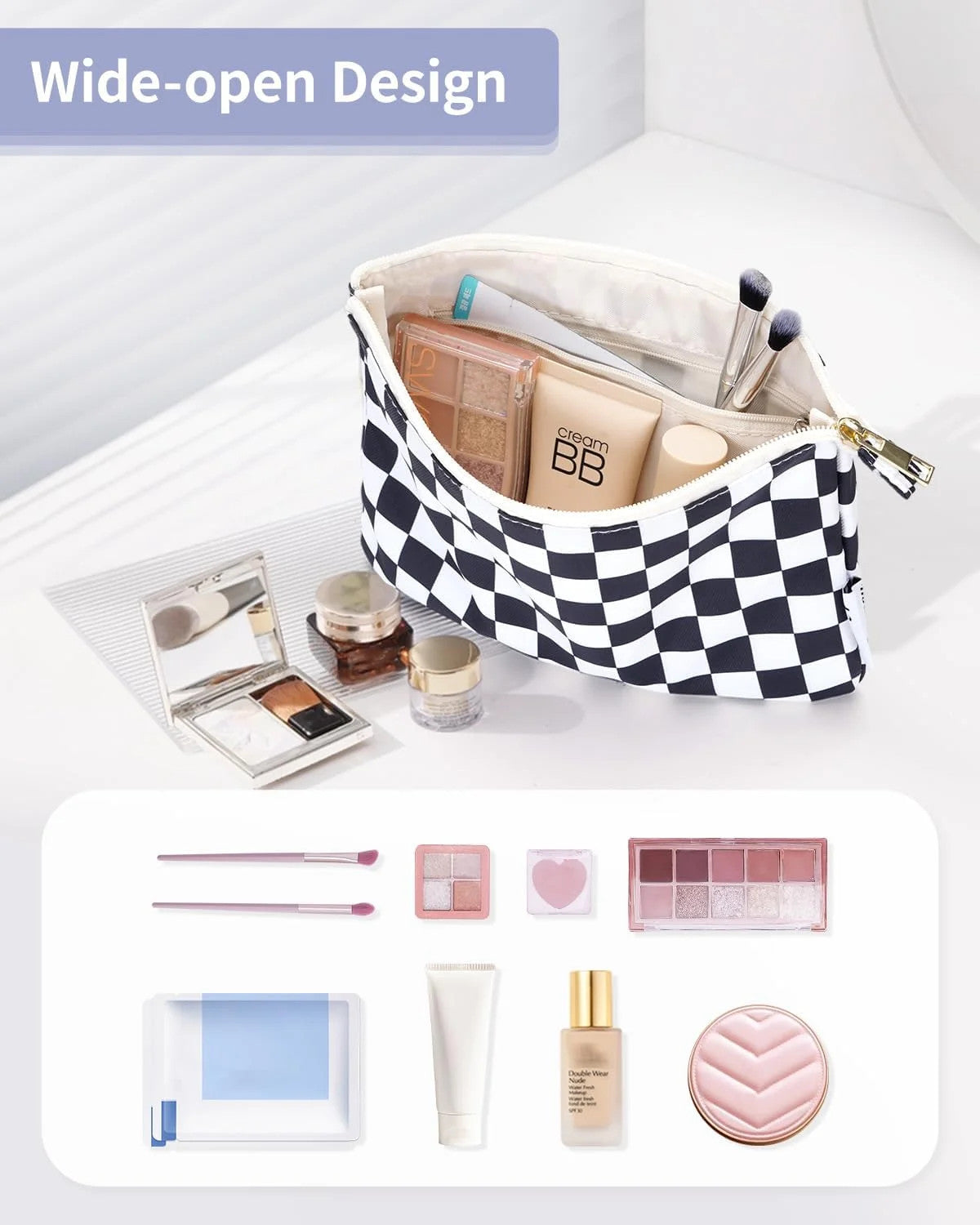 Small Checkered Makeup Bag for Purse - AB-Black Cosmetic Bag