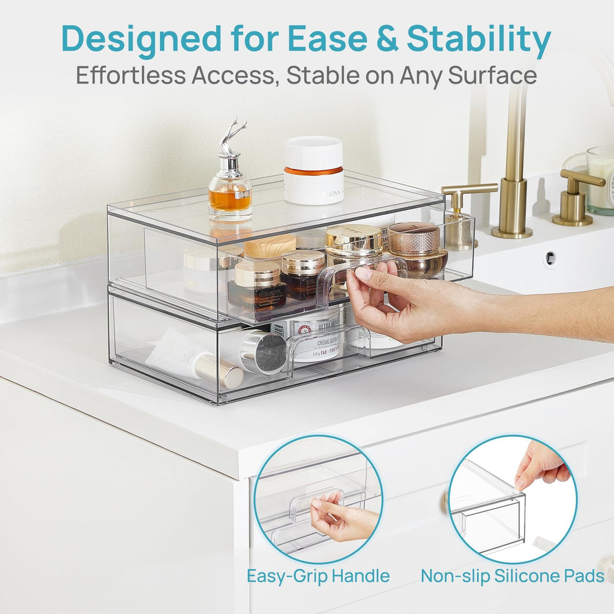 Clear Stackable Storage Drawers - 2 Pack Wide Plastic Organizers