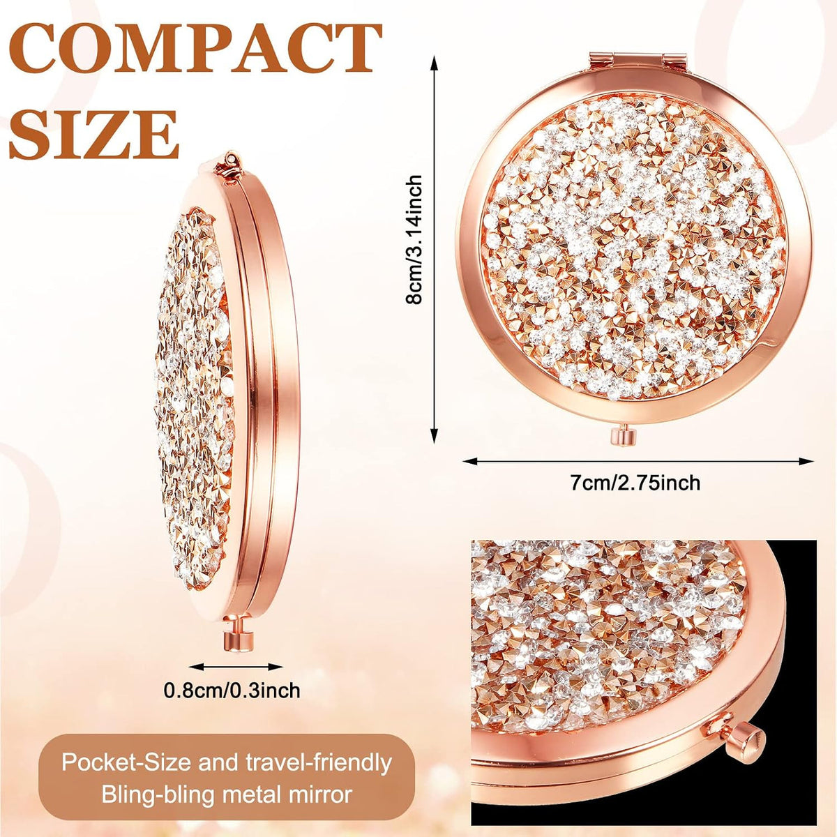 12 Pcs Compact Folding Makeup Mirrors with Rhinestone Outer, Double-Sided Magnification, Portable Handheld Cosmetic Mirrors