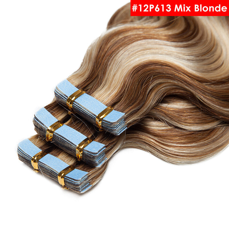 Full Head Thick Tape-In Human Hair Extensions - Remy Wavy Skin Weft