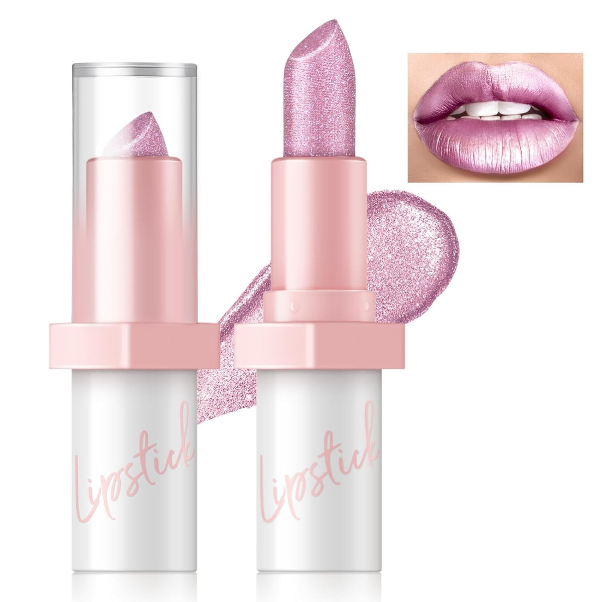 Metallic Pink Frost Glitter Lipstick for Women Long Lasting High Shine