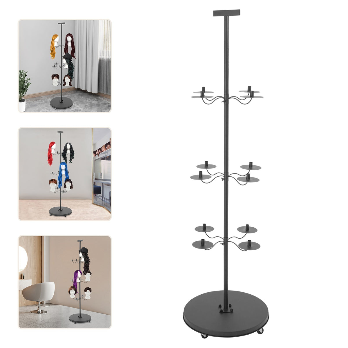 12-Head Wig Display Stand Rack, 19.69x70.08in Portable Wig Holder
