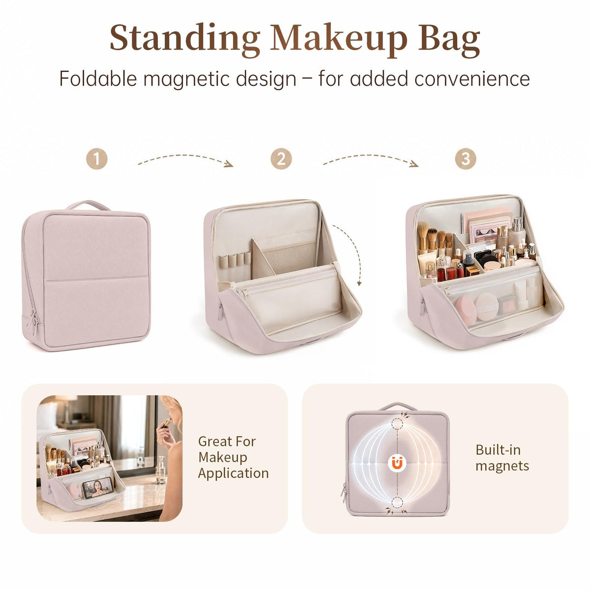 Travel Makeup Bag Large Capacity with Multiple Compartments - Leather Portable Organizer