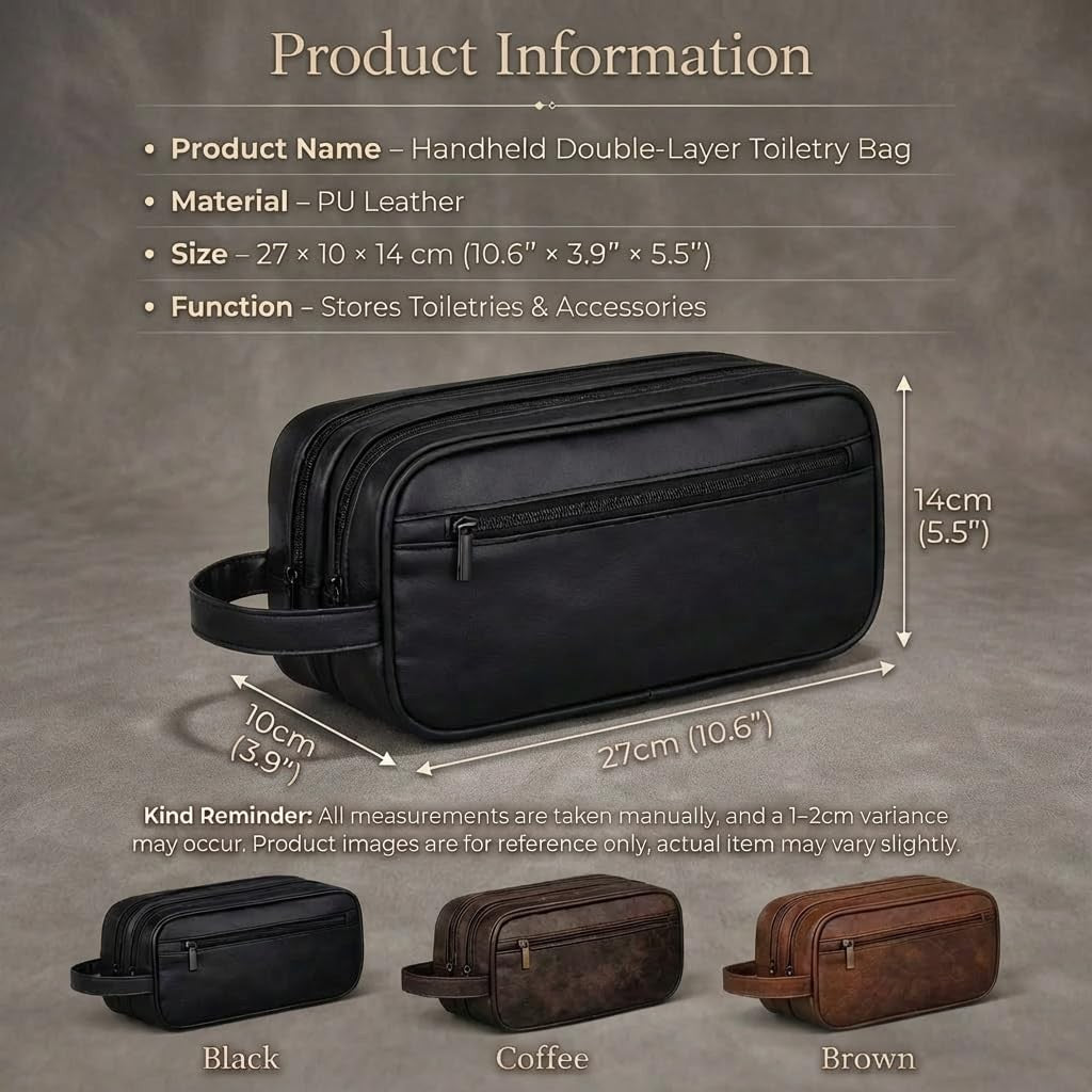 Men's Leather Travel Toiletry Bag Double Deck Waterproof Grooming Organizer