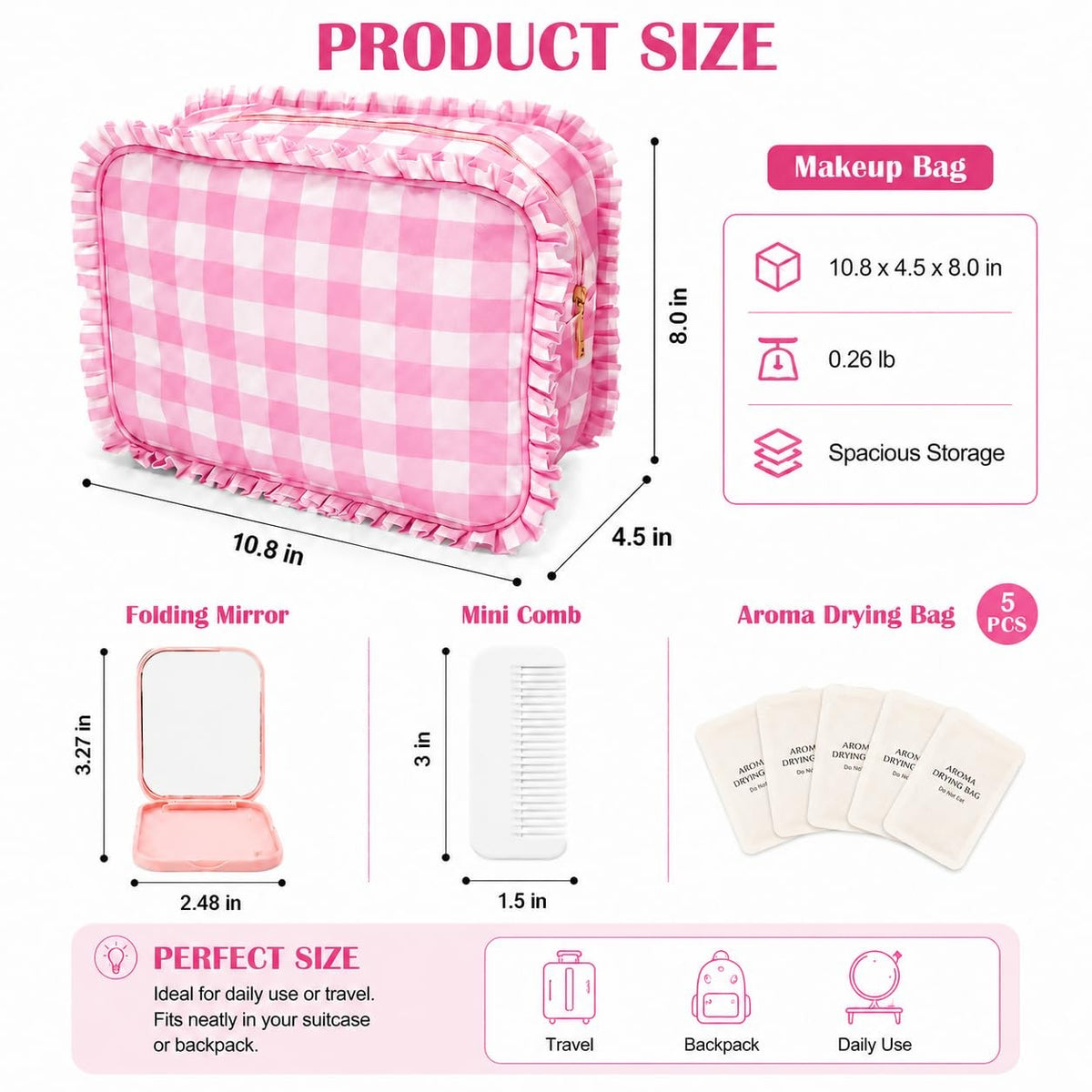 Gingham Ruffle Makeup Bag Set with Mirror and Plaid Design - Pink