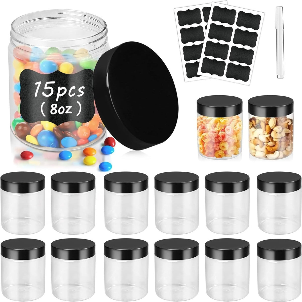 15 Pack 8 Oz Plastic Refillable Jars with Lids for Food, Cosmetics, Crafts