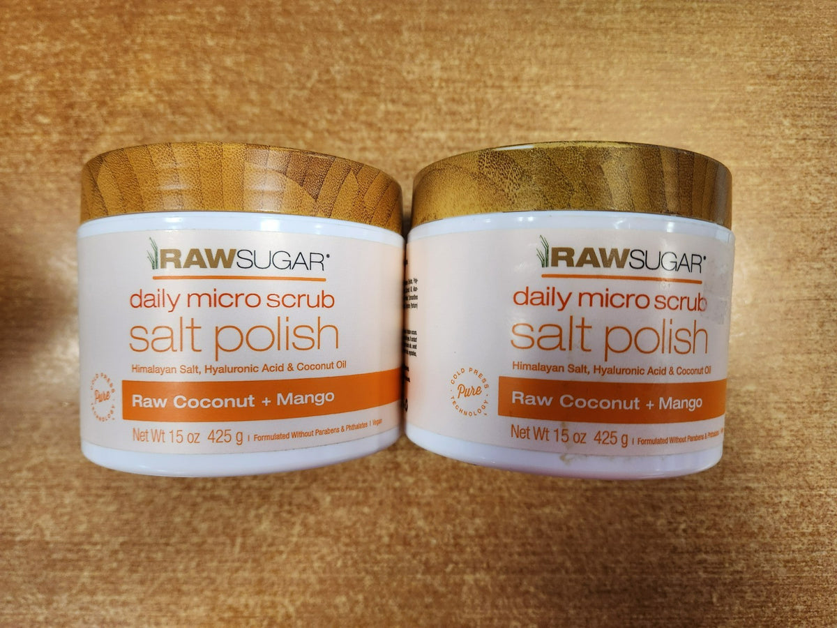2 Pk: Raw Sugar daily micro scrub Salt Polish, Coconut + Mango, 15 oz