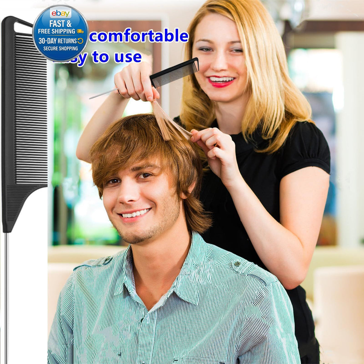 Hair Styling Comb Set with Fine Teeth and Metal Rat Tail - Multiple Colors