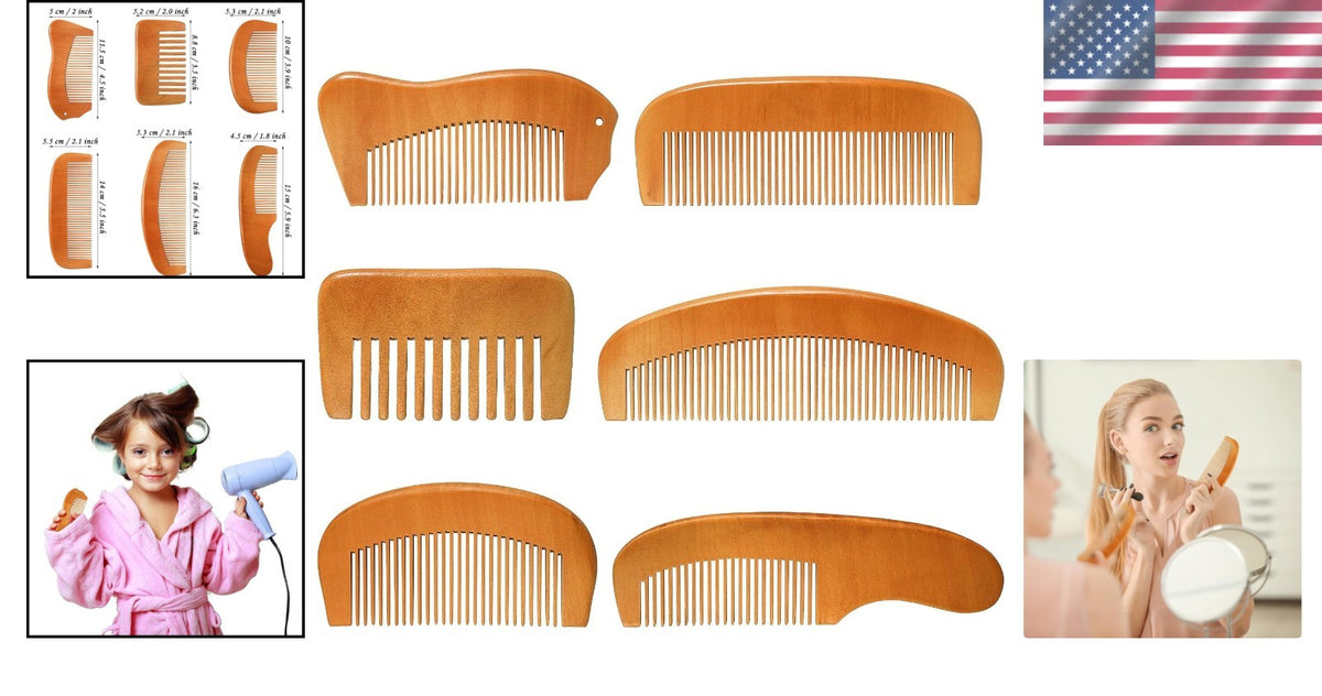 Natural Sandalwood Comb Set - 6 Anti-Static Grooming Combs for Hair & Scalp