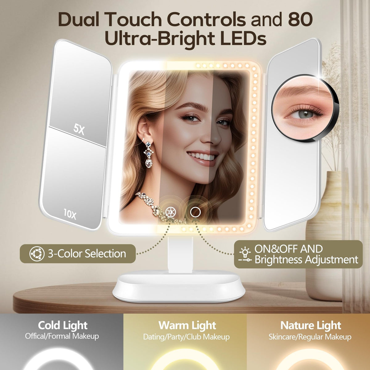 Lighted Makeup Vanity Mirror with 30X/10X/5X Magnification Rechargeable Dimmable LED Desk Mirror