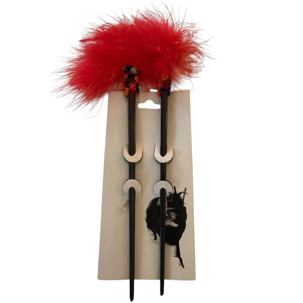 Red/Pink Feather Beaded Black Chopstick Hair Sticks Set