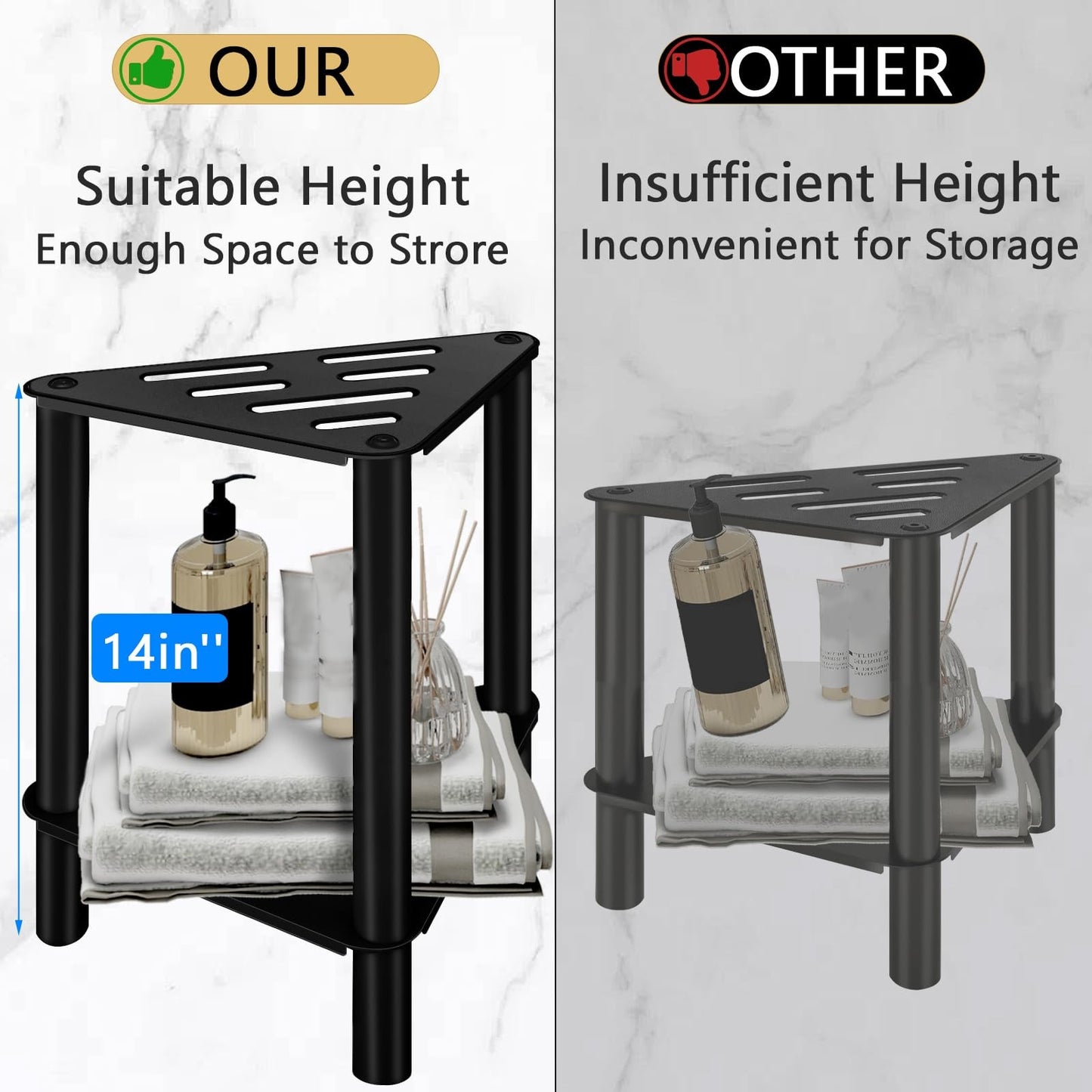 Corner Shower Foot Rest Stool with Storage, Anti-Slip, Black Triangle