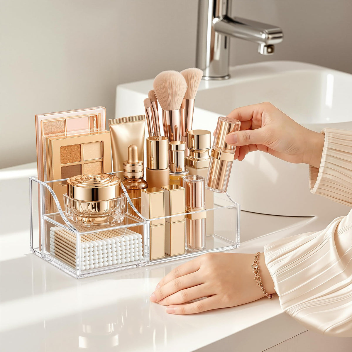 Clear Makeup Organizer with Drawer and Compartments - Vanity Storage