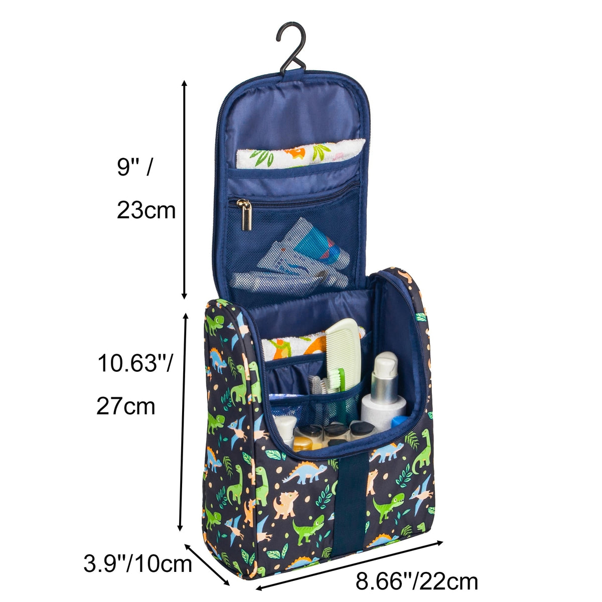 Kids Hanging Toiletry Bag with Dinosaur Pattern - Travel & Shower Organizer