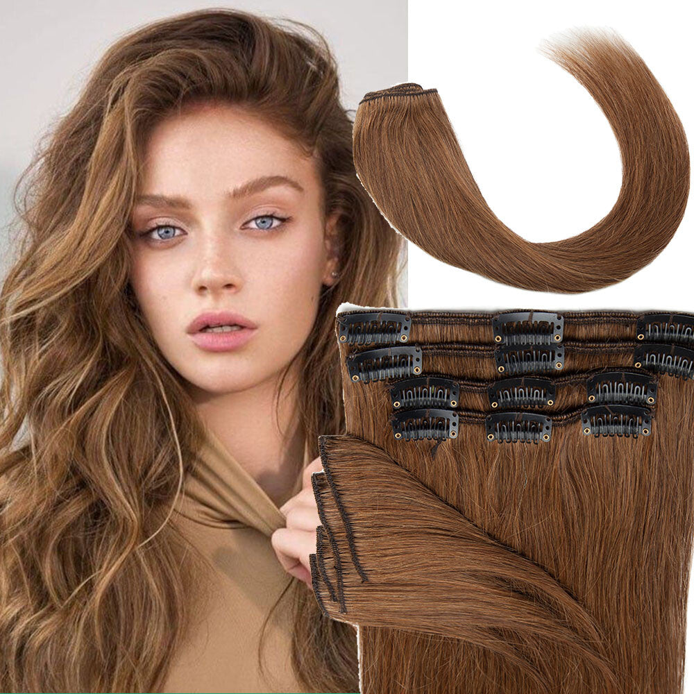Clip-In Human Hair Extensions Full Head 8 Pieces Remy Hair for Volume & Length