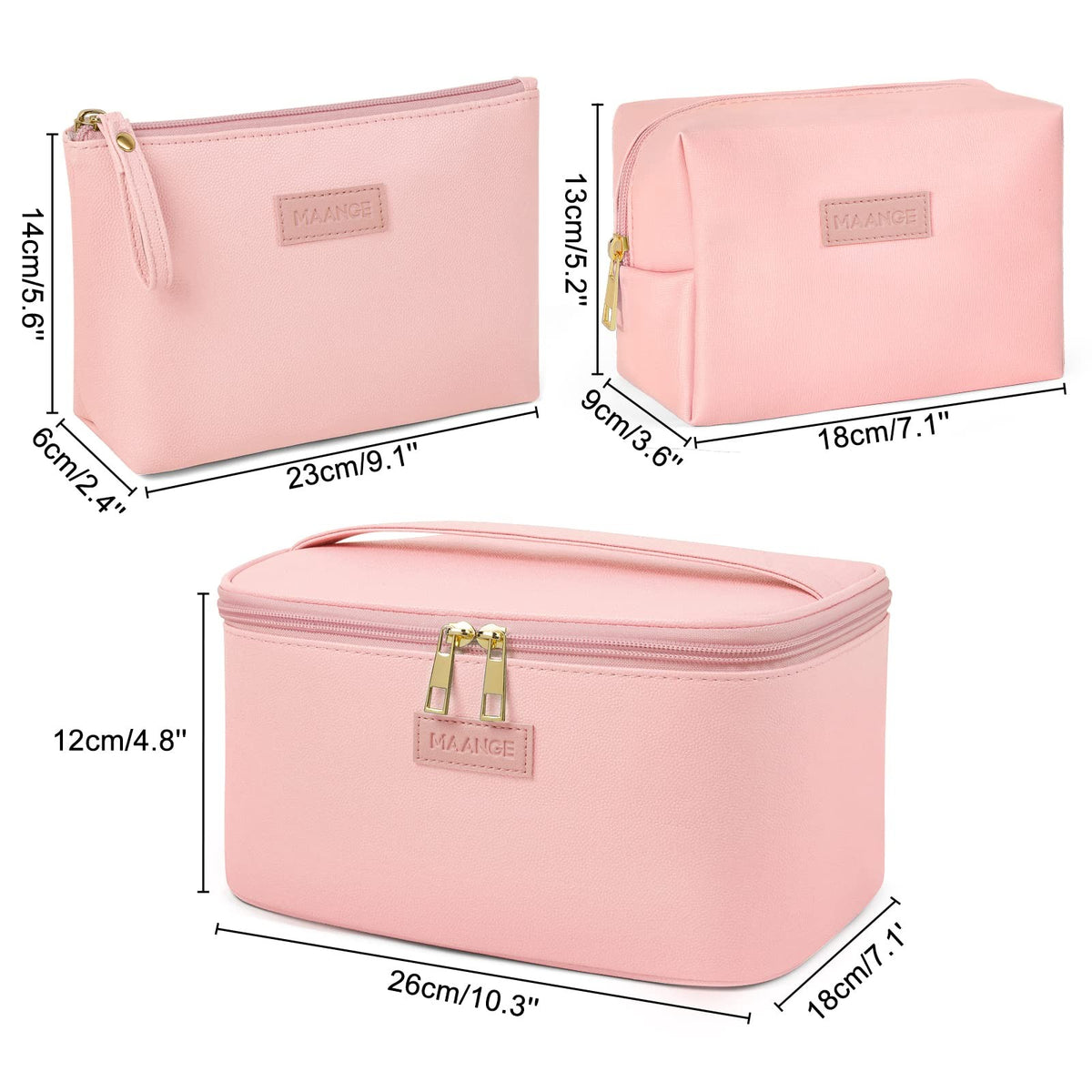 Large Travel Makeup Bag with 2 Small Cosmetic Pouches - Portable Leather Organizer Set
