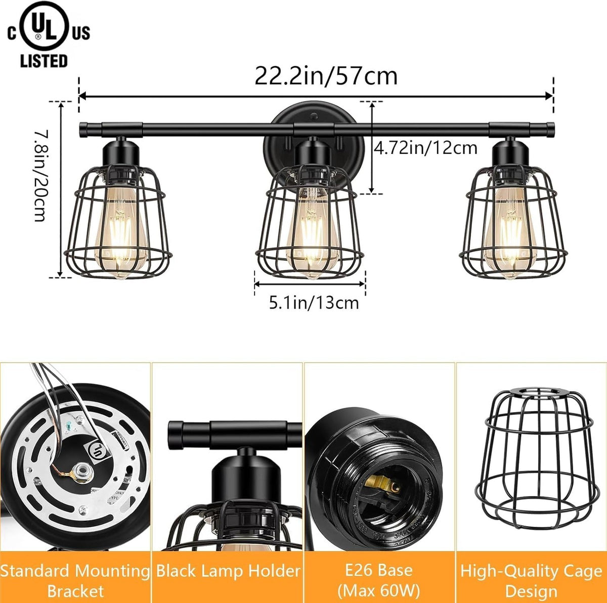 3-Light Matte Black Bathroom Vanity Light Fixture with Cage - Farmhouse Wall Sconce