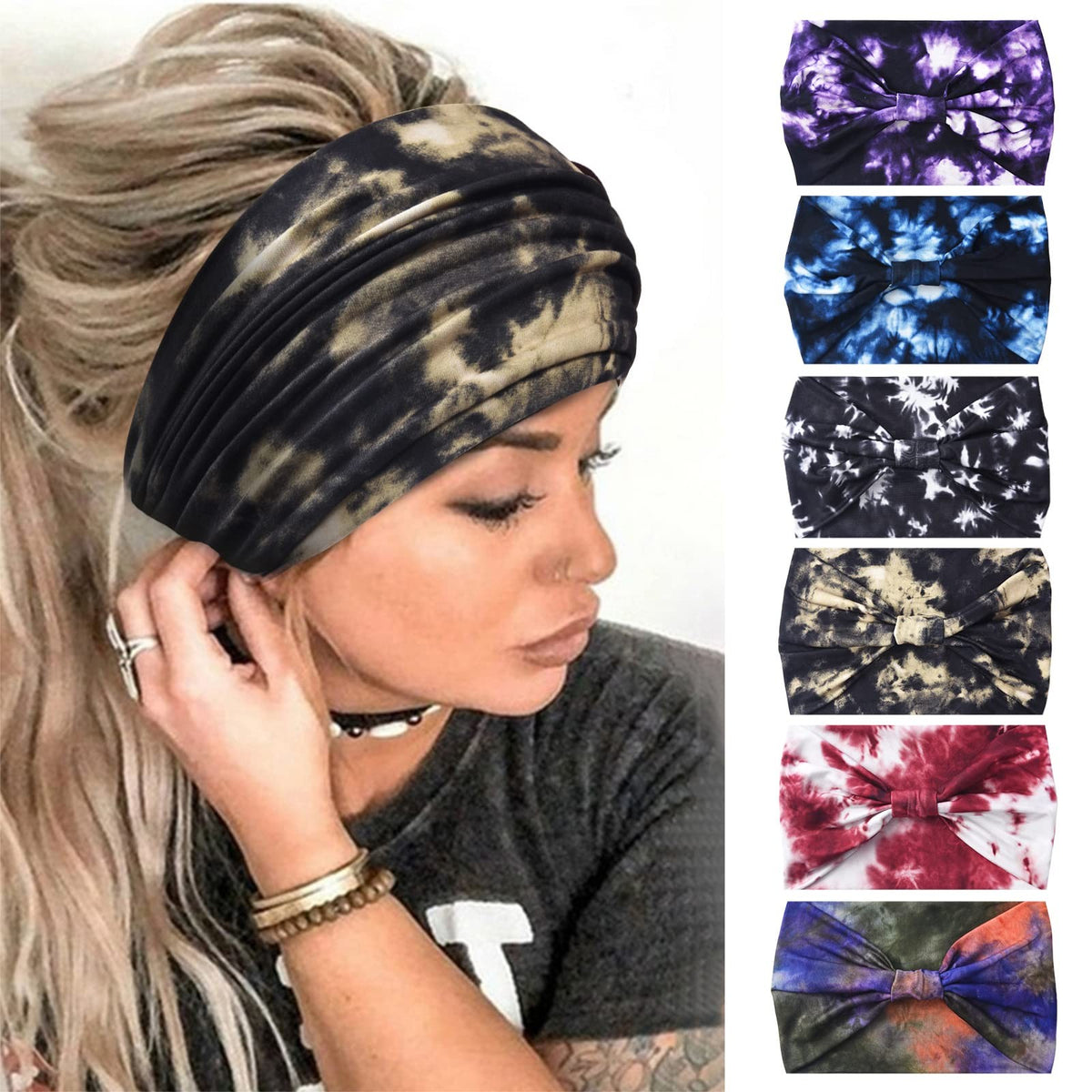 Yeshan Wide Headbands for 1 Count (Pack of 6), No7(Tie dye colors 6