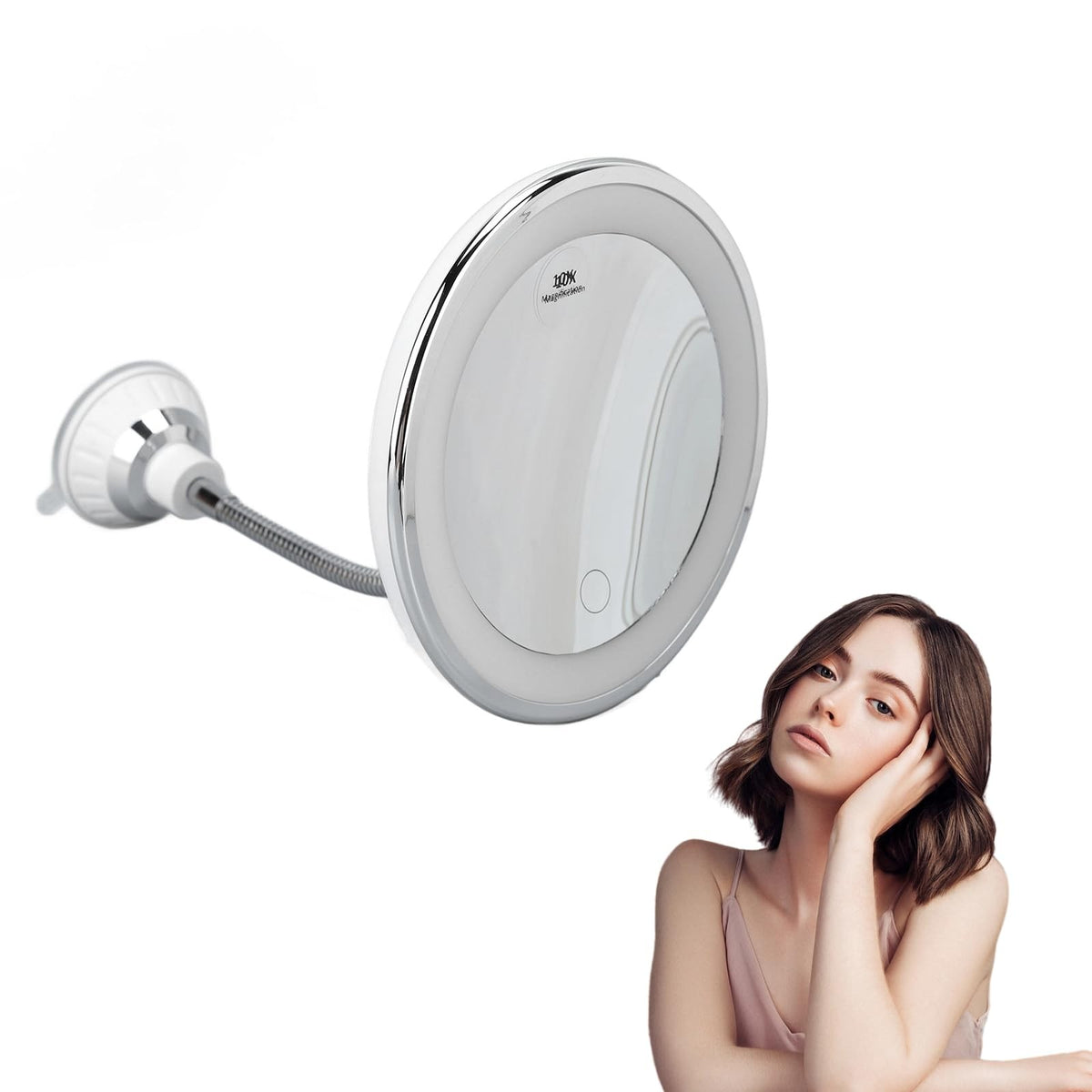 LED Makeup Mirror 10x Magnification, Wall Mount Round Reflector with 22 LEDs, USB/Battery Powered
