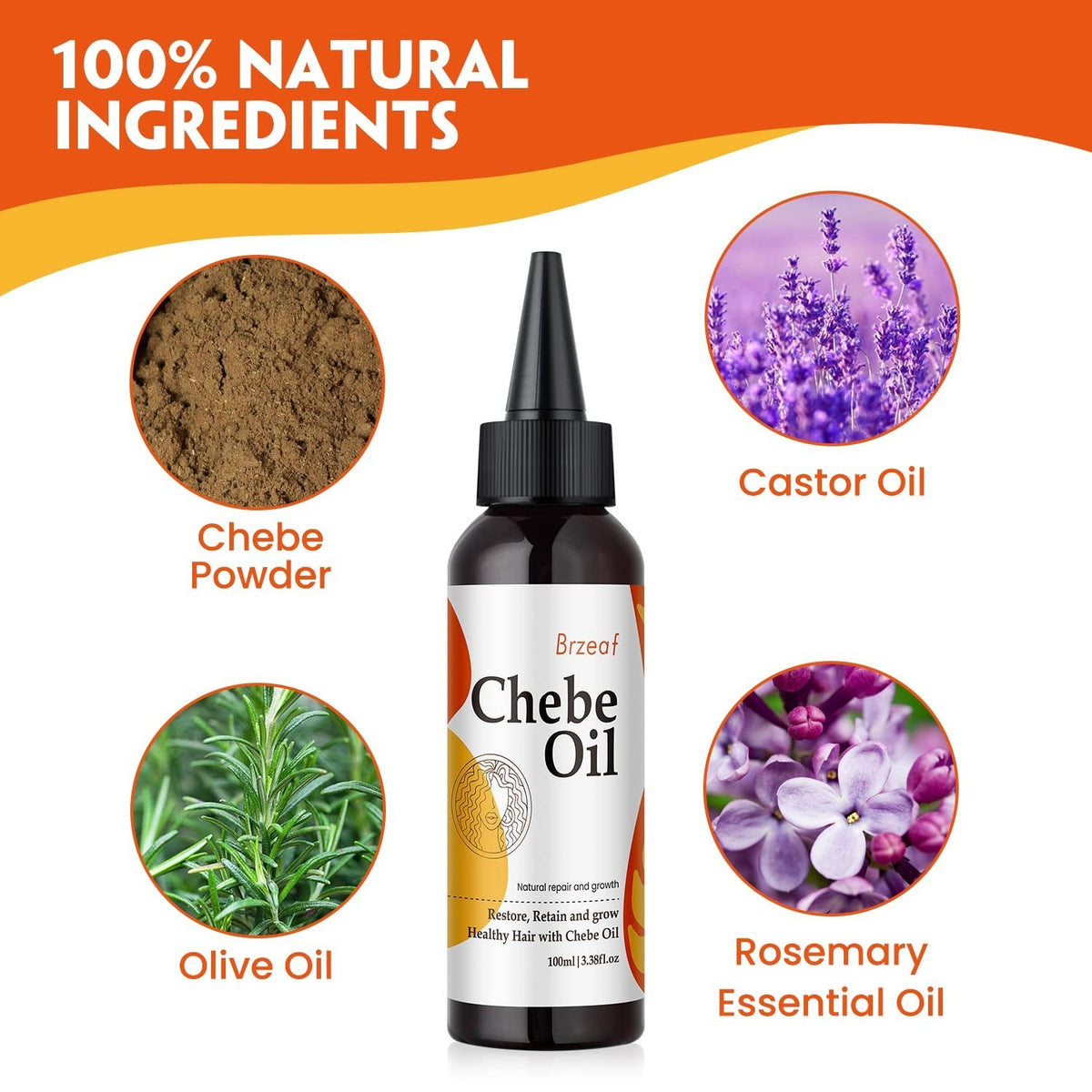 Natural Chebe Oil for Hair Growth & Moisture Restoration - 3.38Oz